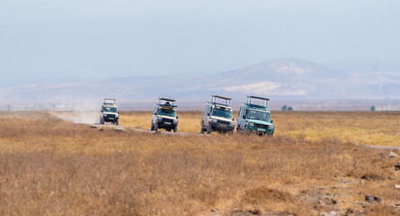 Four touristic safari jeeps in a path in the Serengeti savanna
