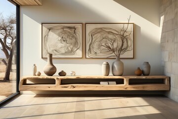 cozy hallway with light natural materials with modern art on the walls