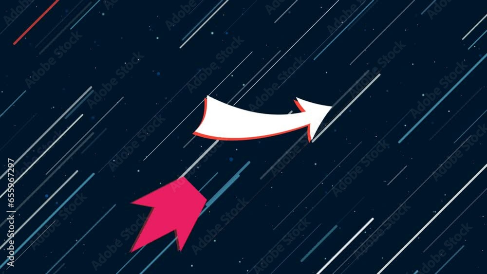 Poster up arrow flies through the universe on a jet propulsion. the symbol in the center is shaking due to 