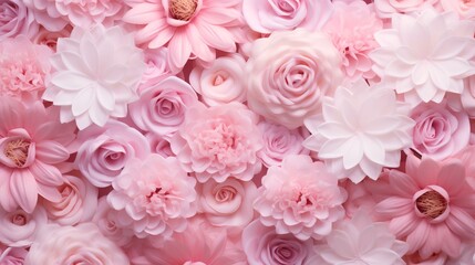 Pastel pink flowers background top view