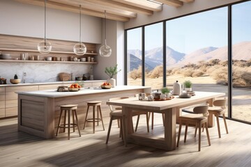 Fototapeta premium cozy kitchen with light natural materials with modern art on the walls