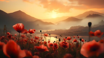 Red poppy field in morning mist - obrazy, fototapety, plakaty