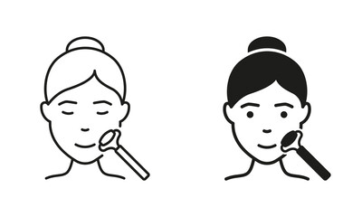 Facial Roller Massage Line and Silhouette Black Icon Set. Jade Roller for Girl Face, Skincare Pictogram. Woman Beauty Relax Procedure for Skin Care Symbol Collection. Isolated Vector Illustration