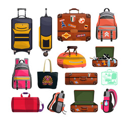 Collection of baggage and luggage objects. Retro and modern suitcases, backpacks, bags, handbags.