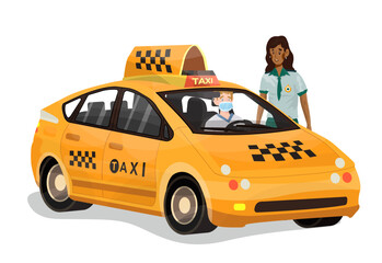 Vector Illustration of police officer check documents of taxi driver on white isolated background.