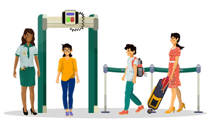 Obraz premium Cartoon illustration of airport inspection process. Vector concept of check equipment and people.