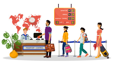 Vector Illustration of passport and border control. Family standing in queue.
