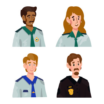 Collection of illustrations of avatars of customs officer, security control man.
