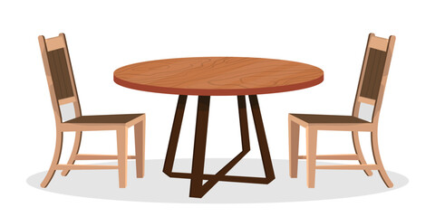 Vector flat illustration of wooden table and two chairs on white backdrop.