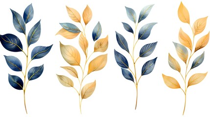 Set of golden and blue tree leaves on white background  - obrazy, fototapety, plakaty