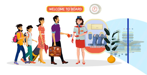 Vector cartoon illustration of woman stewardess who check tickets of passengers in an airport.