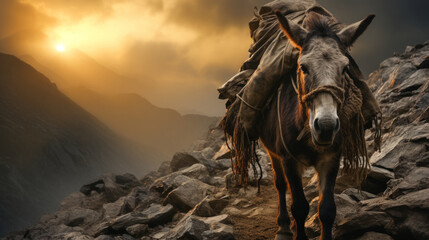 A donkey carried on top of a mountain on the way home Generative AI Illustration - obrazy, fototapety, plakaty