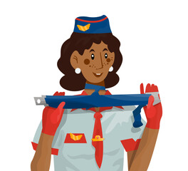 Vector illustration of woman stewardess who shows how to fasten seat belt.