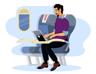 Fototapeta na wymiar Vector flat illustration of passengers in a cabin of plane during the flight.