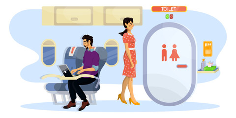 Vector flat illustration of passengers in a cabin of a plane in a queue to toilet during the flight.
