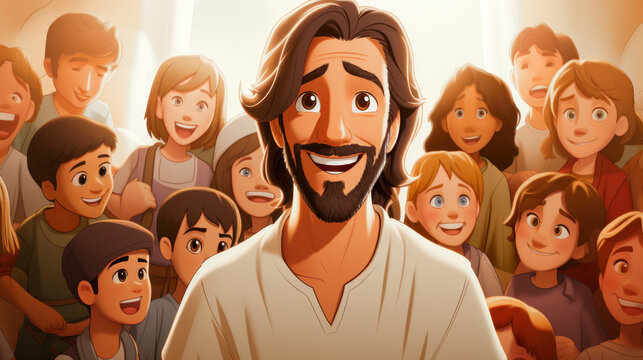 Childrens Illustration Cartoon Of Jesus Christ With Many Children Around Him Generative AI