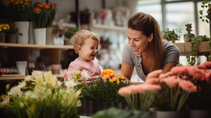 Portrait of a woman with a child choosing a bouquet in a flower store