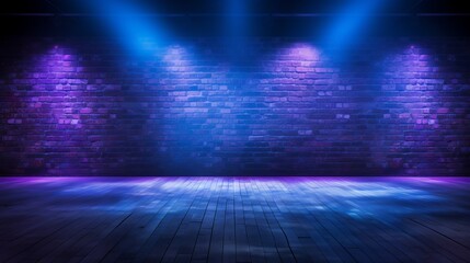 Abstract blue and purple brick wall background with neon laser beams, spotlights, and smoke in a dark studio room for product display