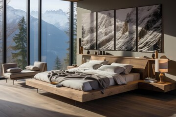 cozy master bedroom with light natural materials with modern art on the walls