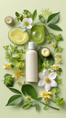 Natural skincare cosmetics bottles background