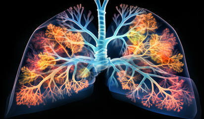 Lungs formed by glowing and colorful lights, Concept of environment and ecology. Lung of the Earth. AI generated
