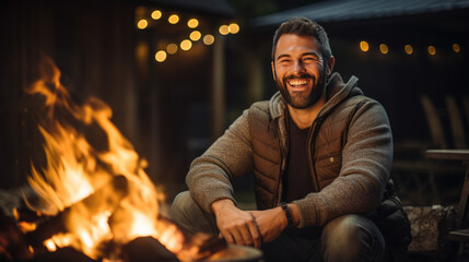 Portrait of a happy smiling man against the background of a bonfire - obrazy, fototapety, plakaty