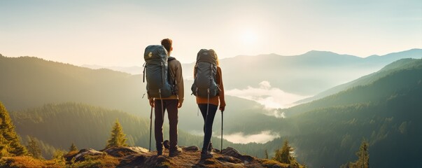 Couple of hikers enjoy nature view. Hiking and digital detox concept. Contemplation of nature alone with your thoughts. Slow life. - obrazy, fototapety, plakaty