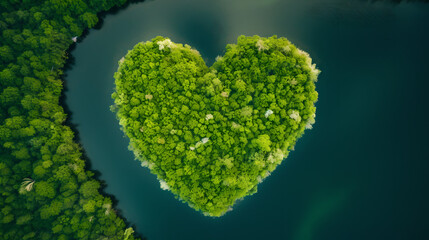 Heart shaped tree floating on a lake in the forest, Generative AI