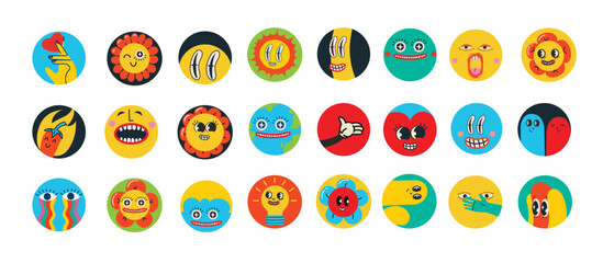 Fototapeta na wymiar Groovy hippie love round icons set. Comic happy retro faces, geometric stickers, characters in trendy retro 60s 70s cartoon style. Vintage vector illustrations.