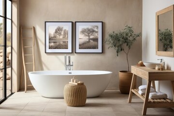 cozy scandinavian bathroom with light natural materials with modern art on the walls