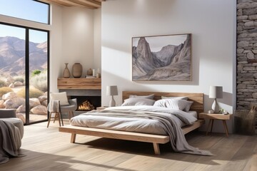 cozy scandinavian bedroom with light natural materials with modern art on the walls