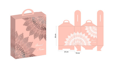 Mandala detailed Gift box with handle prepared for real cardboard production. (Internal measurement 25x30x10cm) With Vector Illustration of the Gift Box.