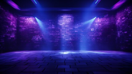 Abstract blue and purple brick wall background with neon laser beams, spotlights, and smoke in a dark studio room for product display