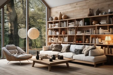 cozy scandinavian library with light natural materials with modern art on the walls