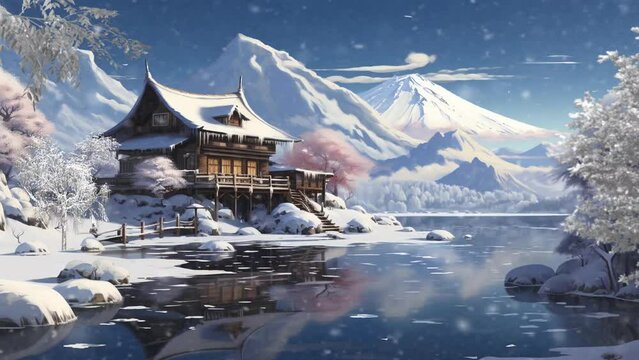 Peaceful fantasy snowing nature landscape background with Traditional house on a beautiful frozen clear sky animation background