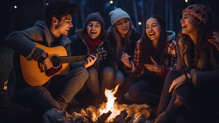 Fototapeta na wymiar Group of friends plays guitar and relaxing around a campfire outdoors