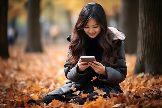 smiling asian woman sitting on the ground in fallen autumn maple leaves looking in a cellphone. Neural network generated image. Not based on any actual person, scene or pattern.