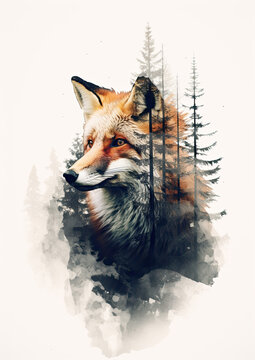 Wild red fox on wite background in wild nature. Fox design or graphic for t-shirt printing.