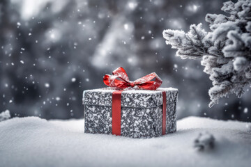 Christmas or New Year gift box on snow against blurred natural background.