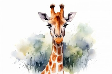 Naklejki  Watercolor giraffe illustration isolated on white. Generative AI