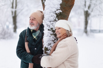 Elegant senior couple standing by a tree in the snowy park, during cold winter snowy day.