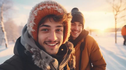 Poster Selfie zweier junger Männer in winterlicher Landschaft, gute Laune, Freizeit, Outdoor Aktivitäten © Aperture Eleven