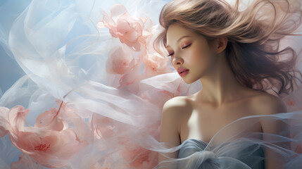  Portrait of a blonde woman in a flowing cloudlike flowery smoke - obrazy, fototapety, plakaty