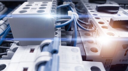 Installation wiring  connection contactor and breaker on the curcuit panel control and with shiny...