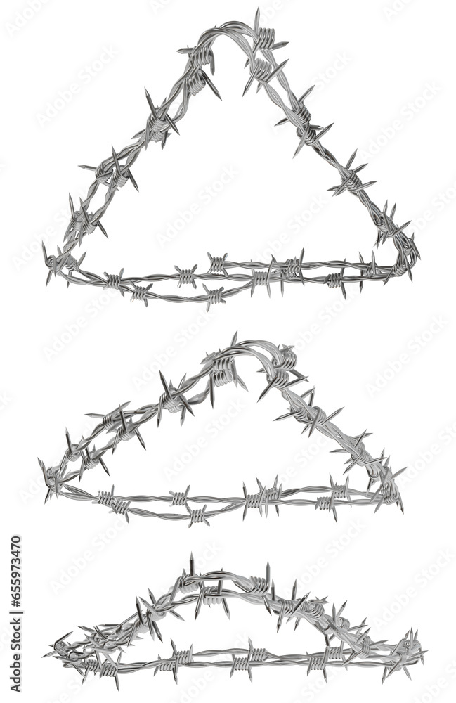Poster : a 3d illustration of set triangular shape with rounded corners made from barbed wires.