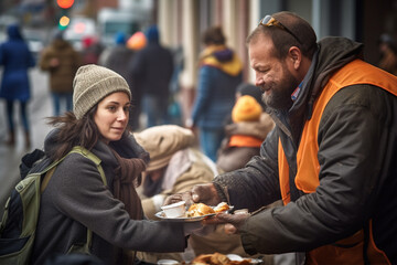 Volunteers distribute portions of food to the homeless and people in difficult life situations