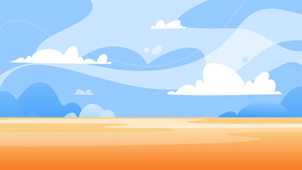 Blue sky with fluffy clouds and sand wasteland in hot sunny day Desert panoramic landscape, sand dunes with sunlight. Vector illustration of minimal cartoon nature