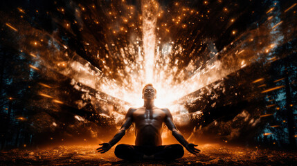 Man meditating with 3 crystals exploding from his mind.