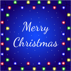 Christmas card with bright lights on a blue background with snow