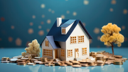 Blue and white model house surrounded by coins, symbolizing concepts of home loans, mortgages, and home rentals.